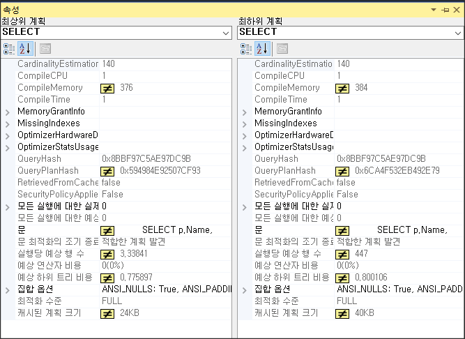 두 계획에서 SELECT연산자 속성 차이점